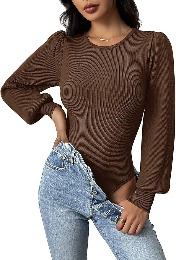 Zeagoo Women 2025 Long Puff Sleeve Sweater Fall Slim Fit Pullover Tops Crewneck Ribbed Knit Bodys... | Amazon (US)