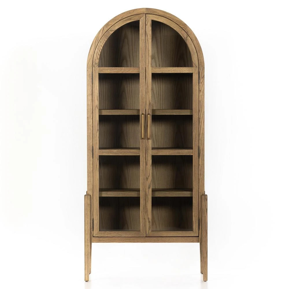 Ivan Mid Century Brown Solid Oak Wood 2 Glass Door Arched Display Case | Kathy Kuo Home