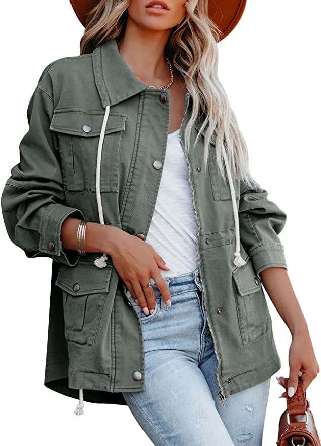 Women's Military Anorak Jacket Zip Up Snap Buttons Lightweight Safari Utility Coat Outwear With P... | Amazon (US)