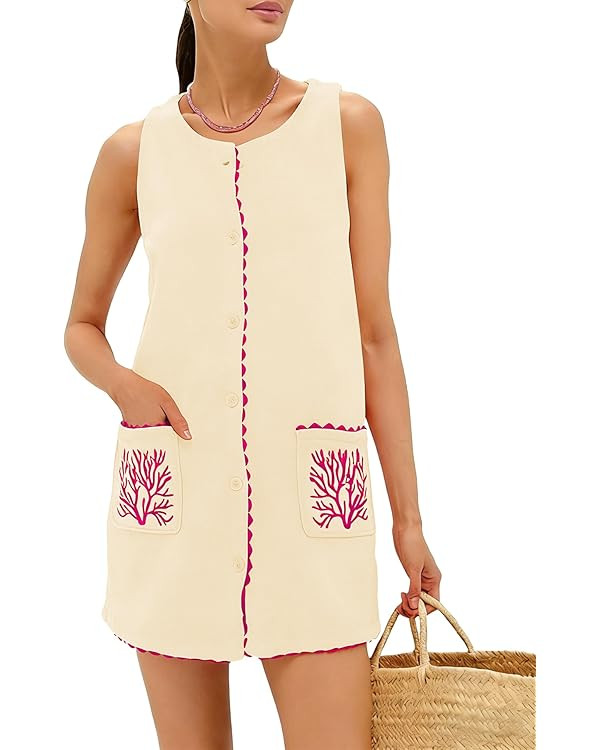 Womens Faux Suede Sleeveless Dress Coral Embroidered Button Down Summer Casual Resort Mini Dress | Amazon (US)