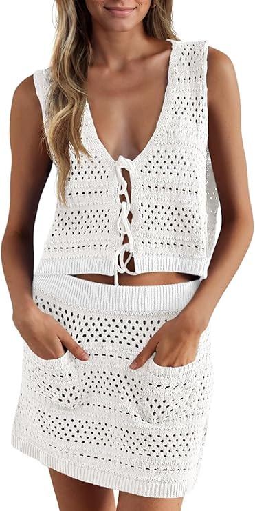 Saodimallsu Womens Crochet Swim Cover Up 2 Piece V Neck Sleeveless Front Tie Crop Tops Beach Mini... | Amazon (US)