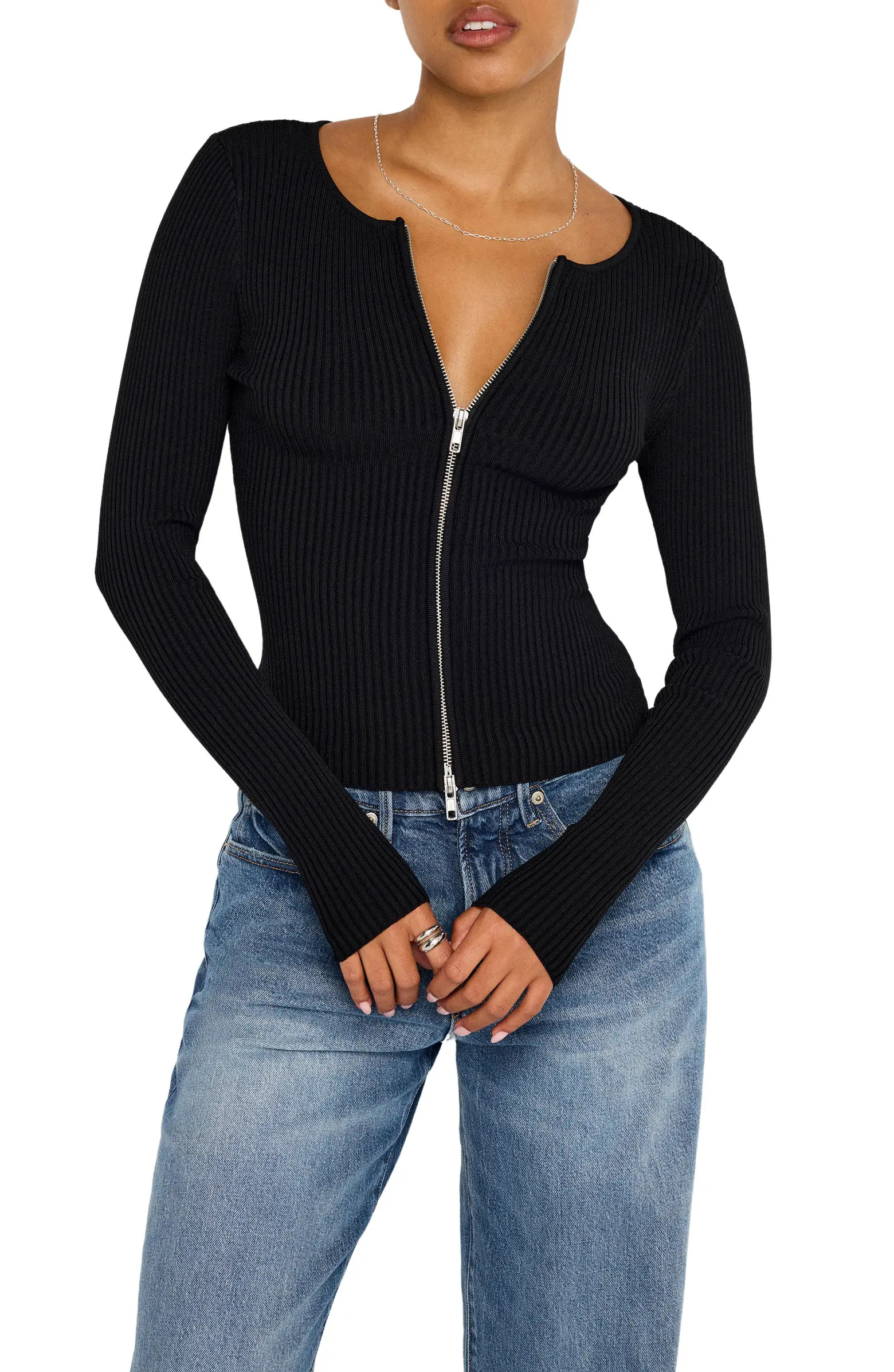 Good American Virgo Rib Zip Cardigan | Nordstrom | Nordstrom