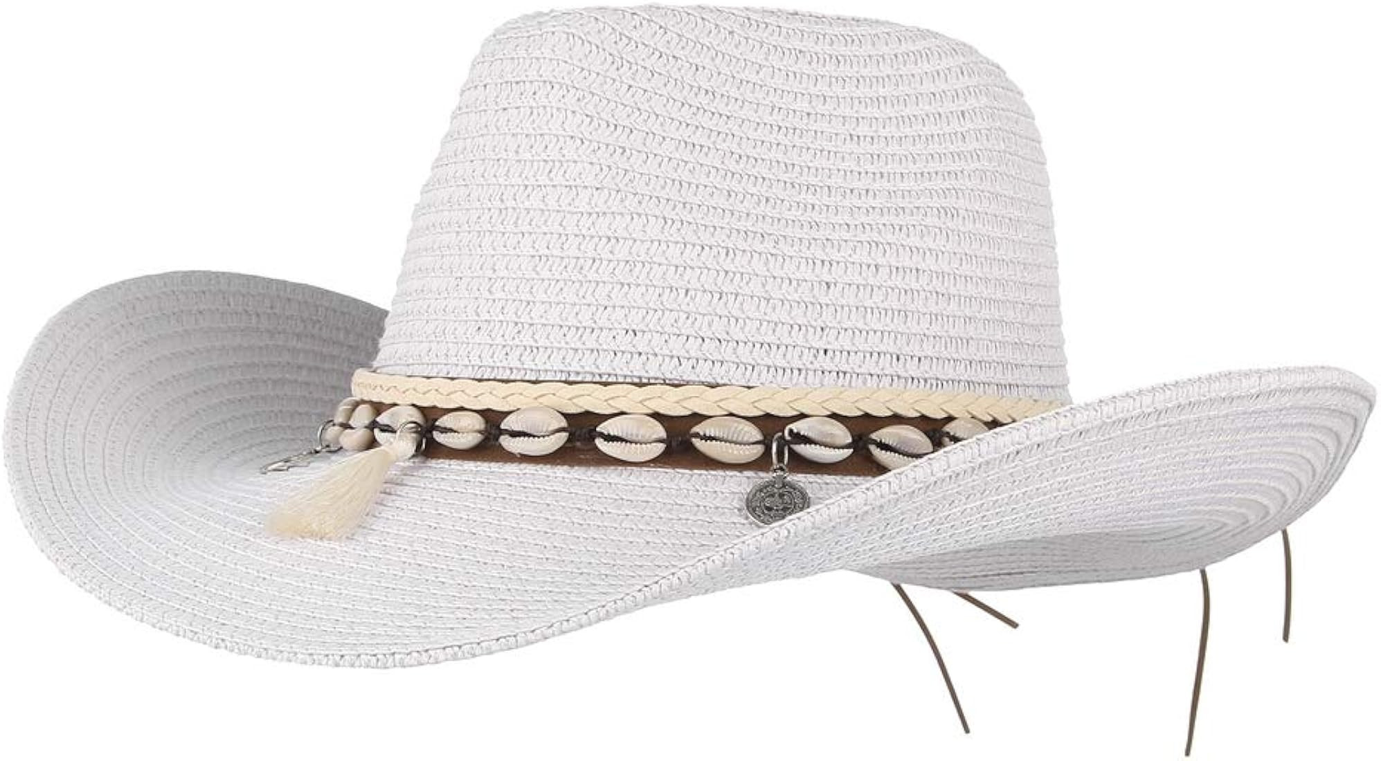 GEMVIE Cowboy Cowgirl for Women Mens Floppy Sun Hat Fedora Straw Wide Brim Cowboy Beach Cap | Amazon (US)