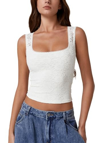 QINSEN Womens Square Neck Lace Top for Summer Sleeveless Crop Top Cami Tank Shirt White M | Amazon (US)