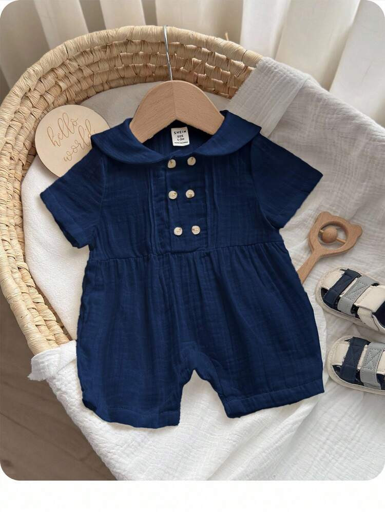 Baby Boy/Girl Solid Color Peter Pan Collar Short Sleeve Romper & Shorts, Casual & Versatile | SHEIN