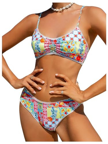 WDIRARA Women's Boho Thong Bikini Set Floral Print Ruched Swimsuit Two Piece Bathing Suit Multicolor X-Small | Amazon (US)
