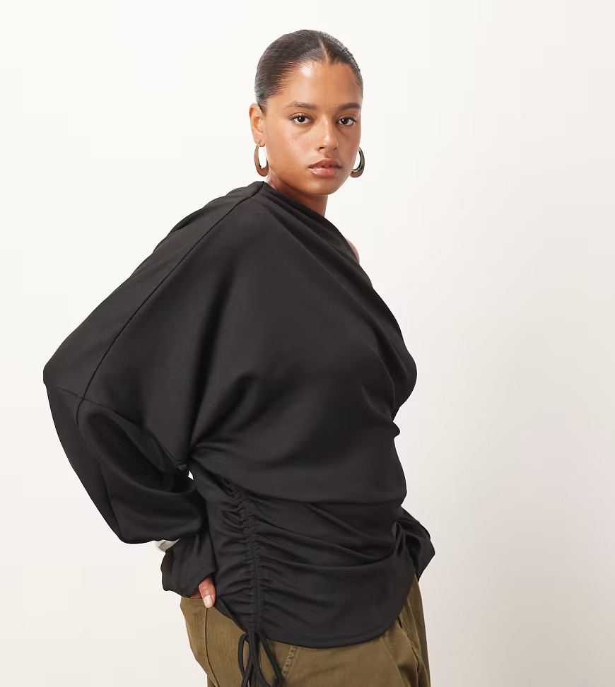 ARRANGE Curve jersey off shoulder wide sleeve top with ruched hem in black | ASOS (Global)