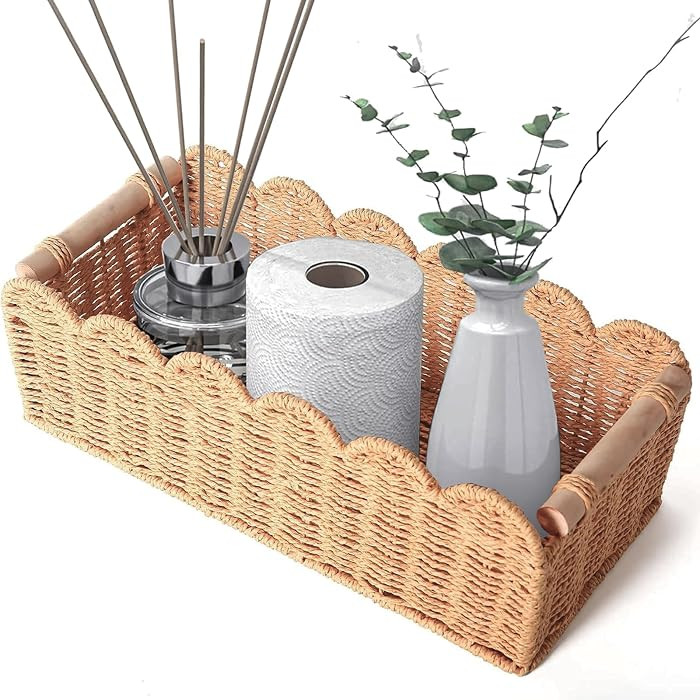 Scalloped Organizer Basket for Toilet Tank Top with Wooden Handle, Wicker Storage over Above Behi... | Amazon (US)