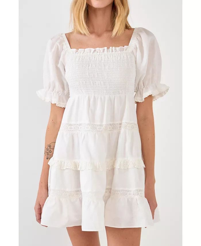 Women's Linen Smocked Mini Dress with Lace | Macys (US)