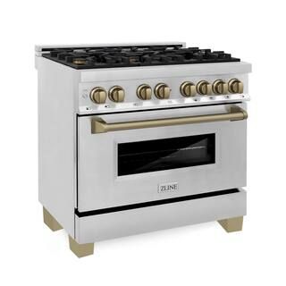 Autograph Edition 36 in. 4.6 cu. ft. Dual Fuel Range in Stainless Steel with Champagne Bronze Acc... | The Home Depot