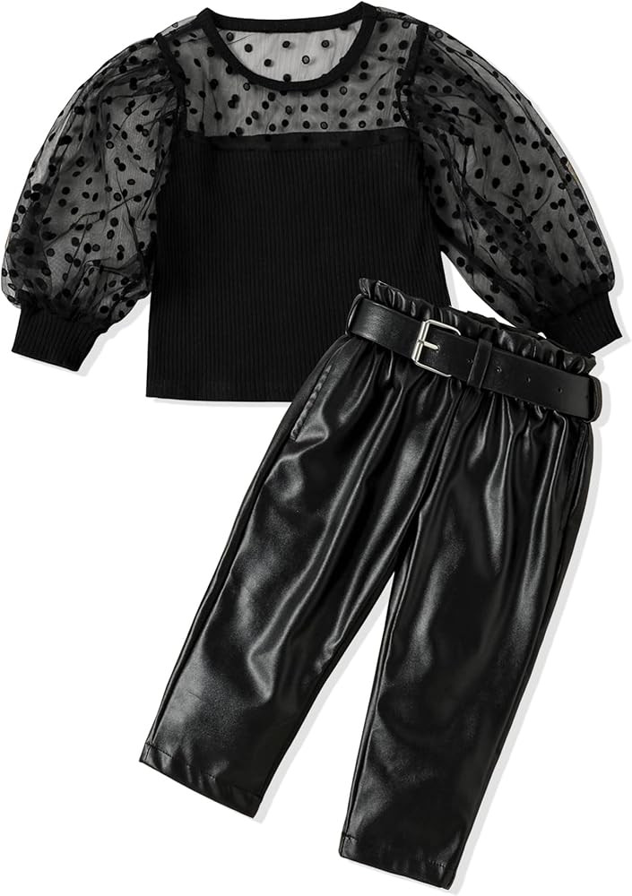 WIQI Toddler Girl Clothes 1-6T Mesh Long Sleeve Top+ Pu Leather Pants With Belt 3pcs Fashion Todd... | Amazon (US)