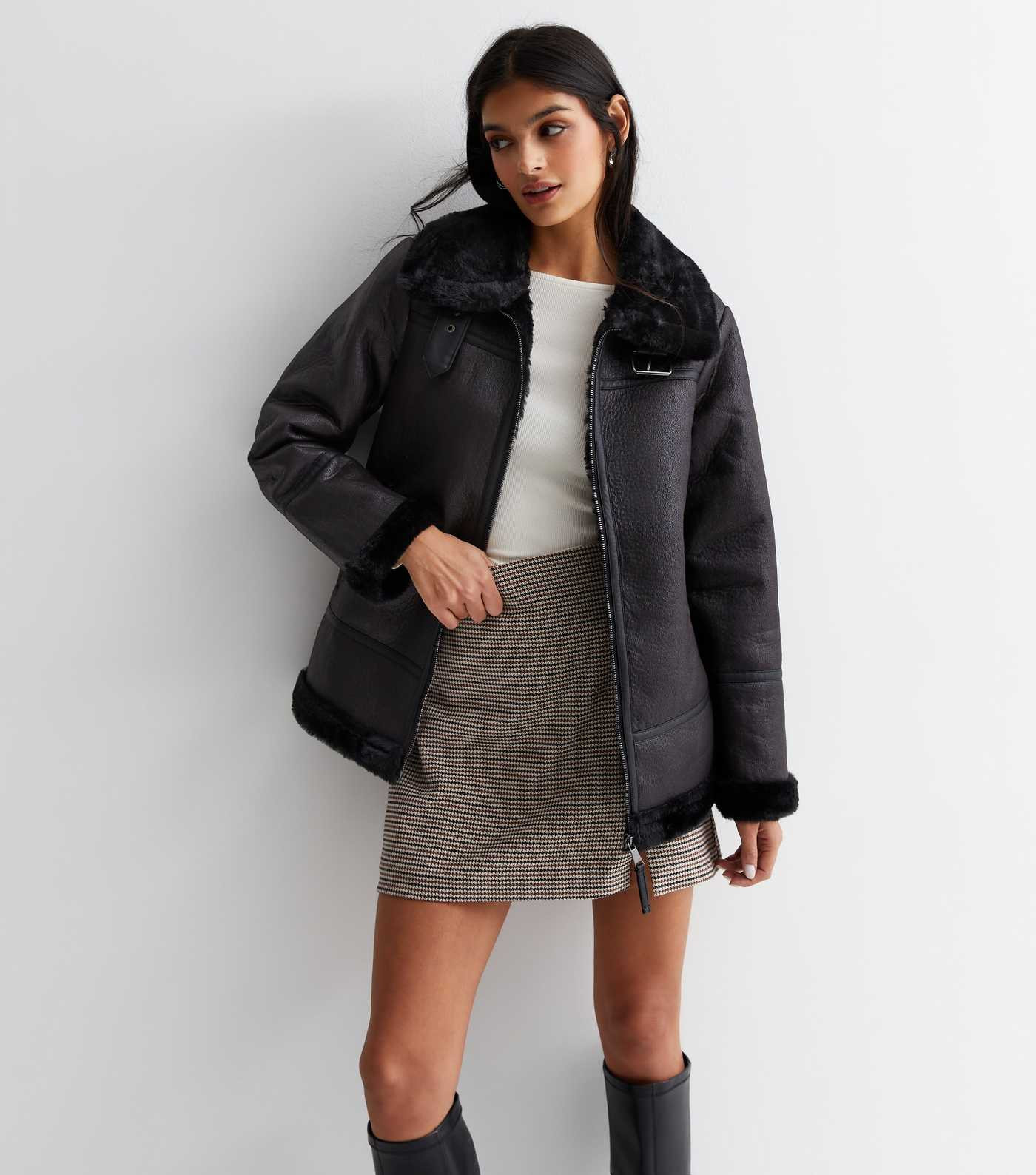 Black Leather-Look Faux Fur Collared Aviator Jacket 
						
						Add to Saved Items
						Remove... | New Look (UK)