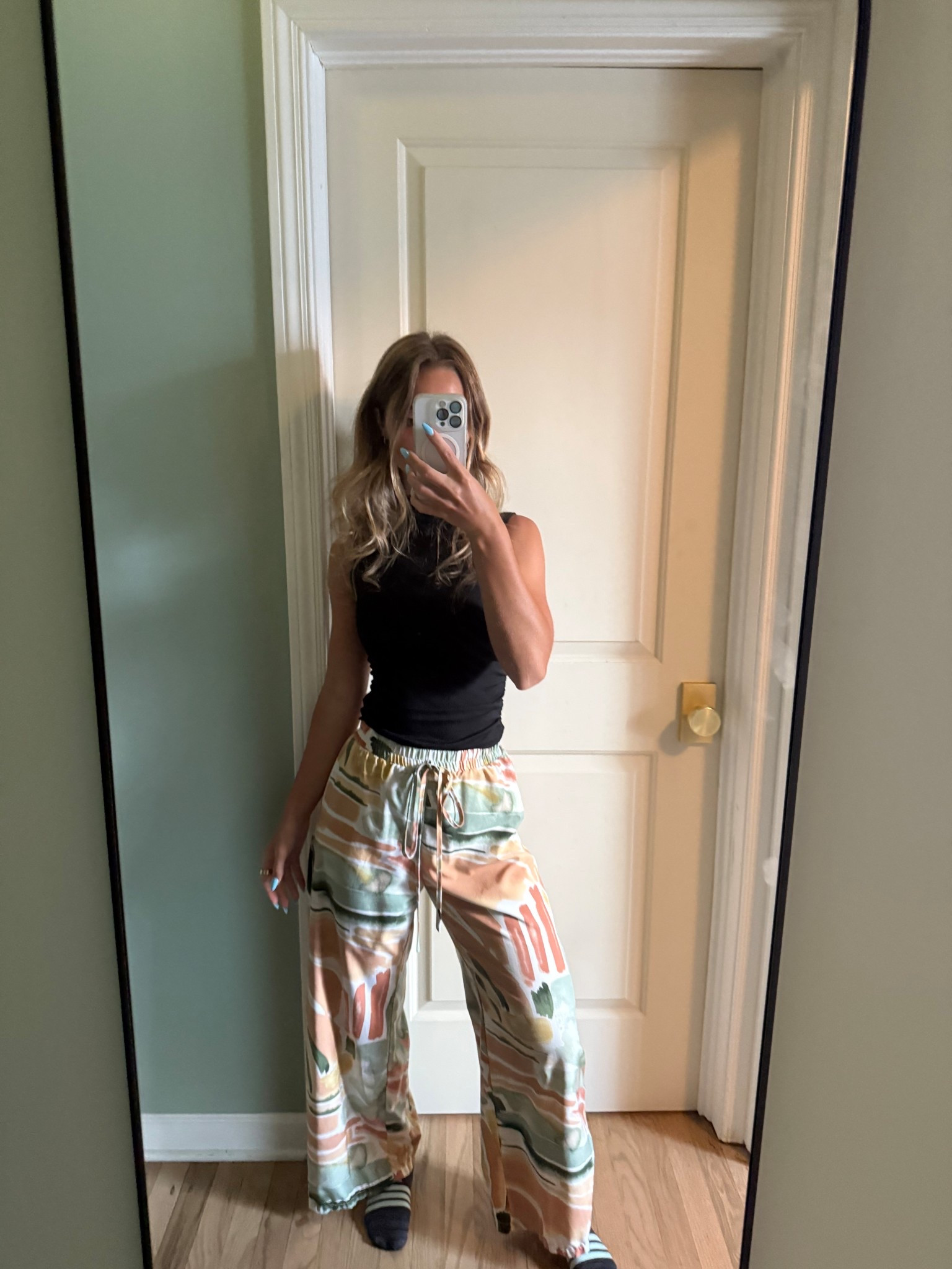 Feels like pjs! But looks like work pants imo. Super cute pop of color!