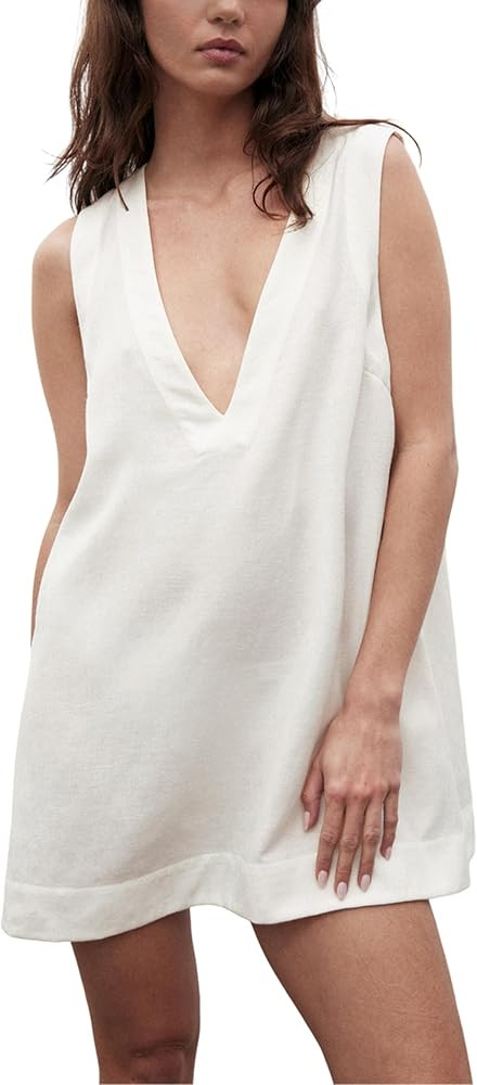 Lviefent Womens Linen Mini Dress Summer Low V Neck Sleeveless Beach Sunshine Cotton Linen Mini Dr... | Amazon (US)