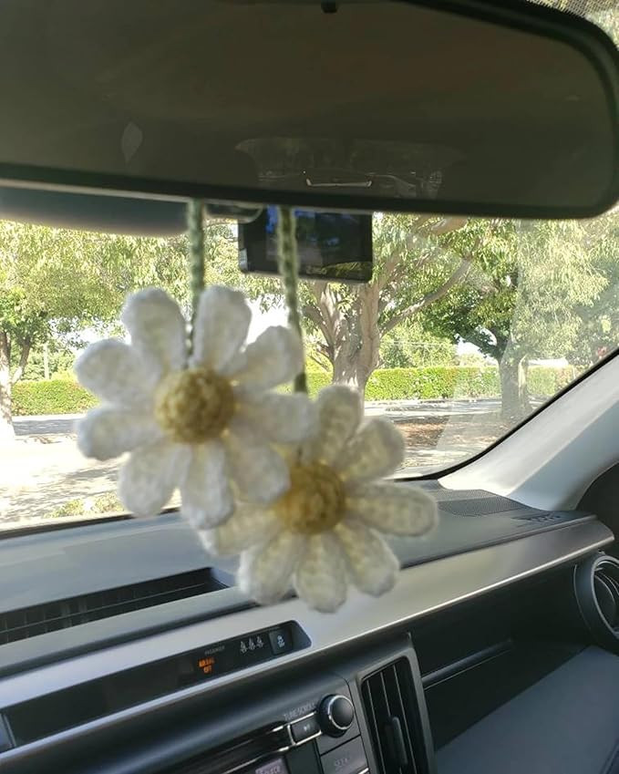 Crochet Daisy Car Accessories for Women Cute Rear View Mirror Hanging Charms Handmade Daisy Flowe... | Amazon (US)