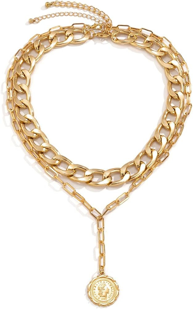 JWICOS Gold Boho Cuban Chunky Necklace Layered Dainty Paperclip with Coin Pendant Choker Chain fo... | Amazon (US)