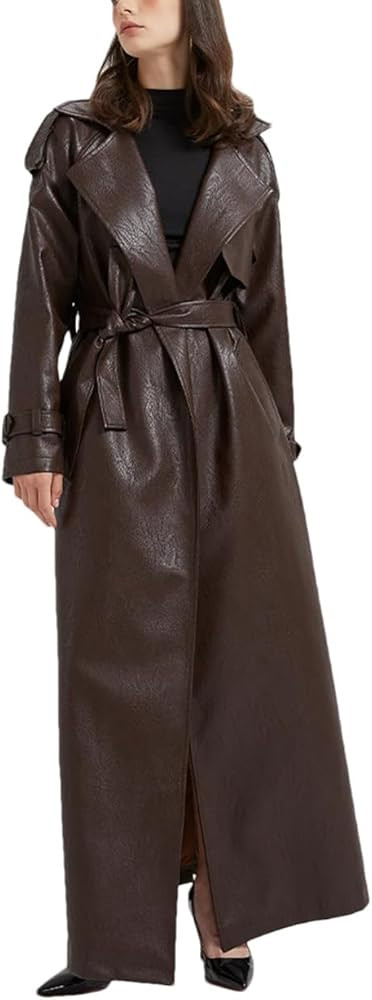 Spring Autumn Extra Long Brown Pu Leather Trench Coat For Women Sashes Overcoat | Amazon (US)