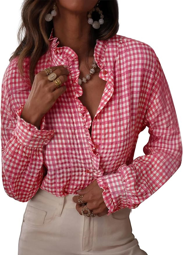 Astylish Womens Plaid Ruffle V Neck Button Down Blouse Casual Long Sleeve Gingham Trendy Tops Wor... | Amazon (US)