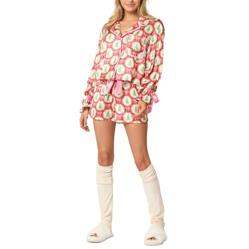 Pink Christmas Pajamas Women Satin Silk Christmas Trees Bow Print Pjs Set Festive Long Sleeve Holiday Soft Sleepwear 2 Pcs | Amazon (US)