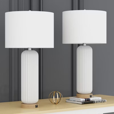 Maxax White Ceramic Table Lamp Set of 2 with USB Ports, Ribbed Bedside Lamps with White Fabric Shade for Living Room, Bedroom | Target