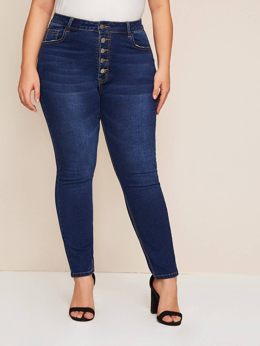 SHEIN Plus Button Fly Dark Wash Jeans | SHEIN