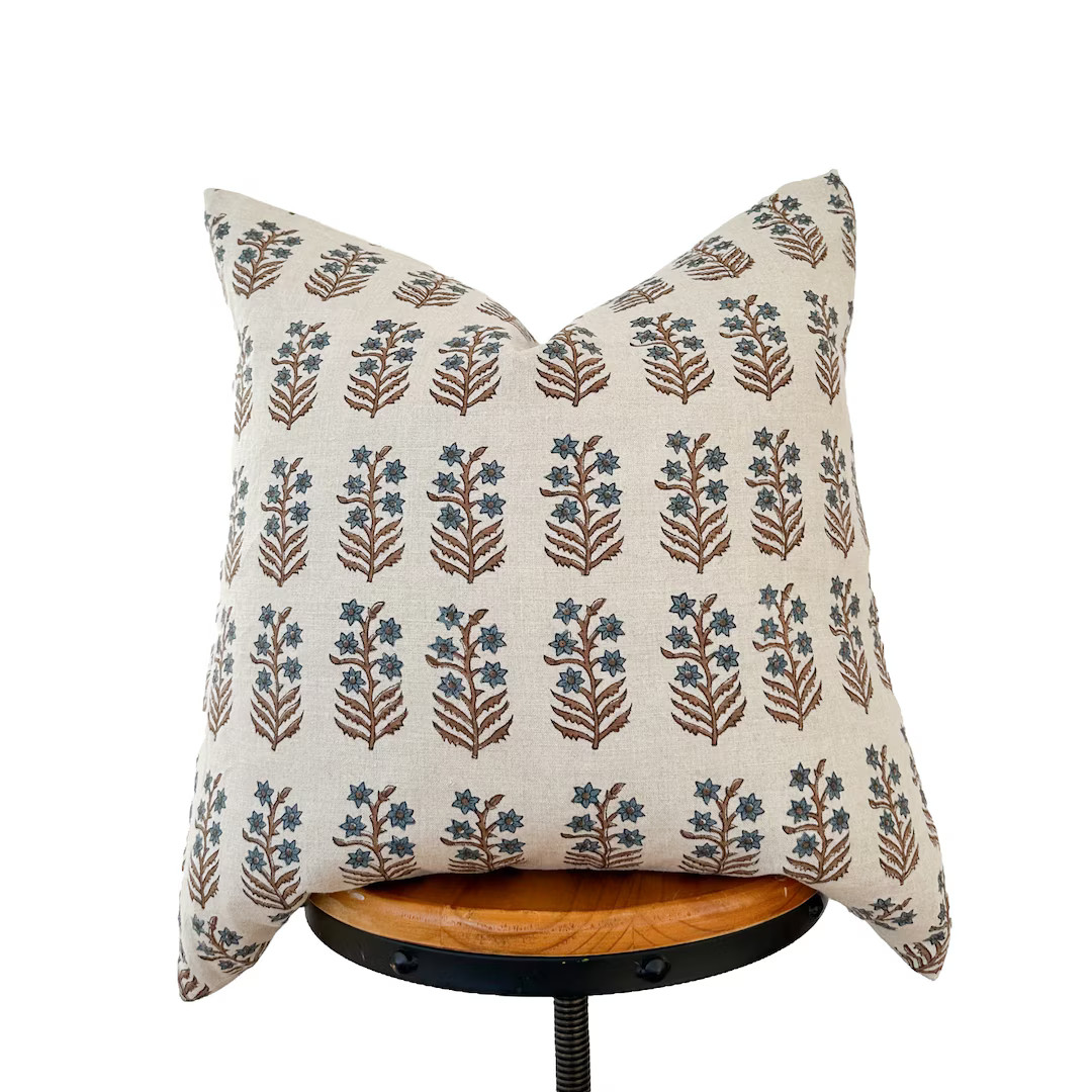 Floral Linen Pillow Cover: Blue & Camel Print | Etsy (US)