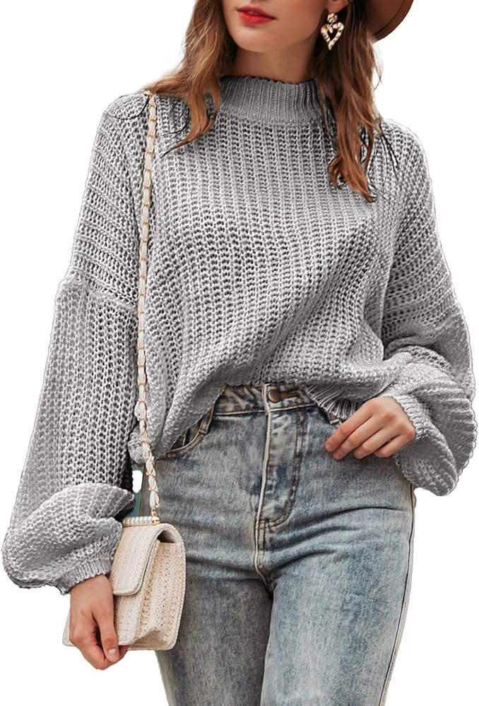Simplee Women's Oversized Cropped Sweater Lantern Long Sleeve Loose Knit Pullover Sweater | Amazon (US)