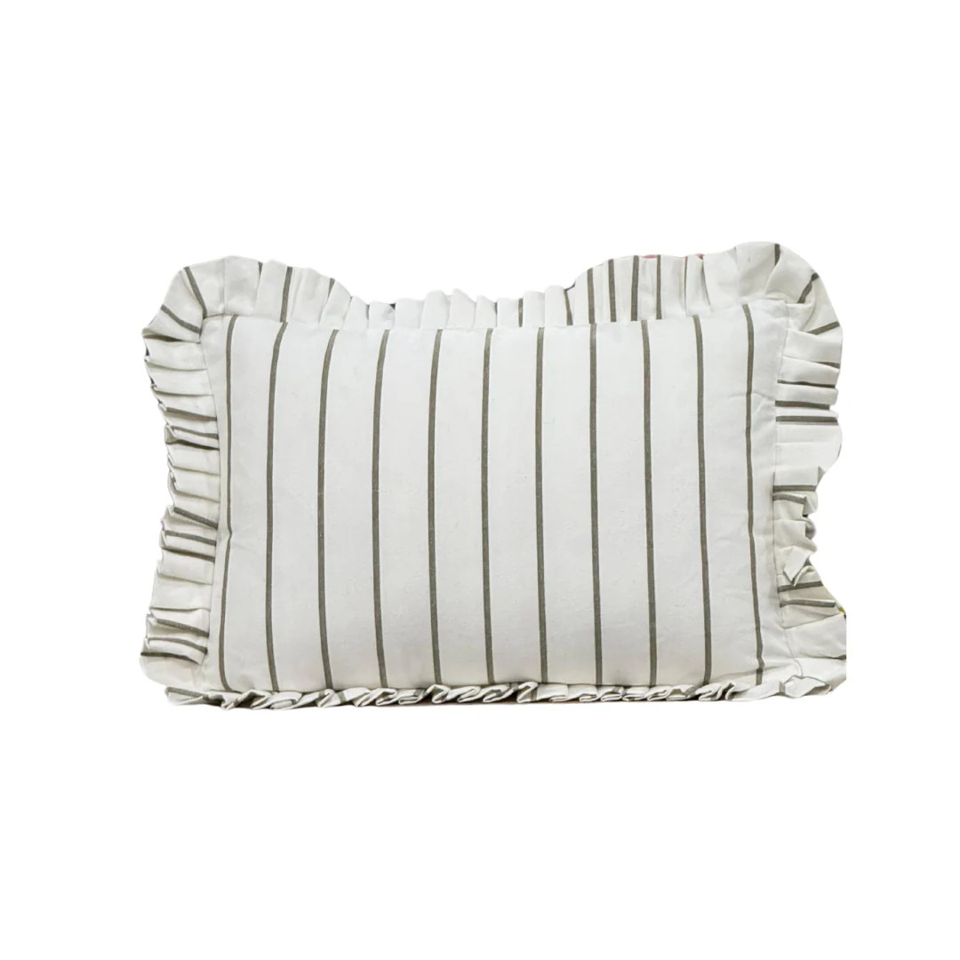 Ruffle Lumbar Pillow Cover White Olive Green Pin Stripes Luxe B Co. | Luxe B Co