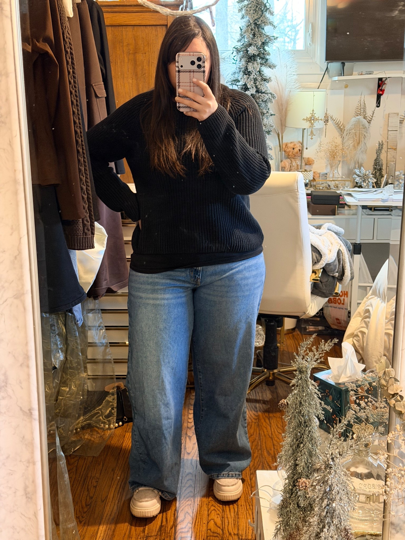 Layer 3 of today’s look. Put on my quince sweater. It’s a heavy weight + the perfect length. Plus it’s 100% cotton so it’s warm + not itchy. It’s also $40 which is a good price point

#LTKMidsize #LTKootd #LTKSeasonal