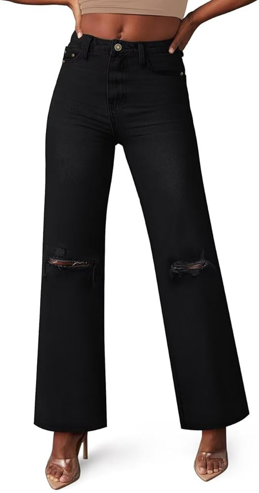 KDF Straight Leg Jeans for Women High Waisted Jeans Frayed Baggy Pants Raw Hem Loose Stretchy Cro... | Amazon (US)