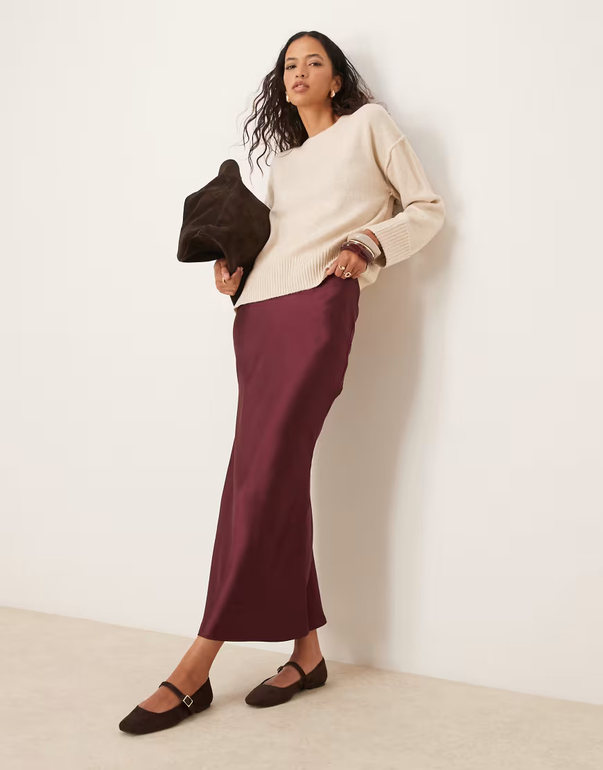 New Look satin midi bias skirt in burgundy-Red | ASOS (Global)