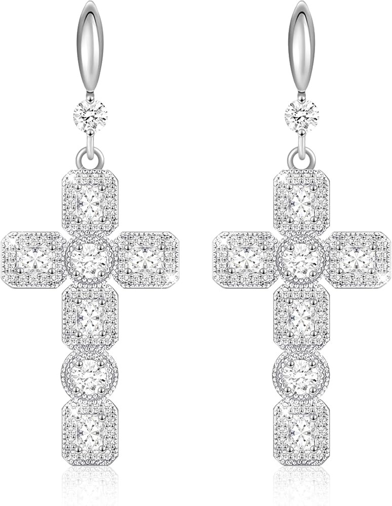 Linawe Cross Dangle Earrings for Women, Hypoallergenic Imitation Diamond Rhinestone Earrings, 14K... | Amazon (UK)