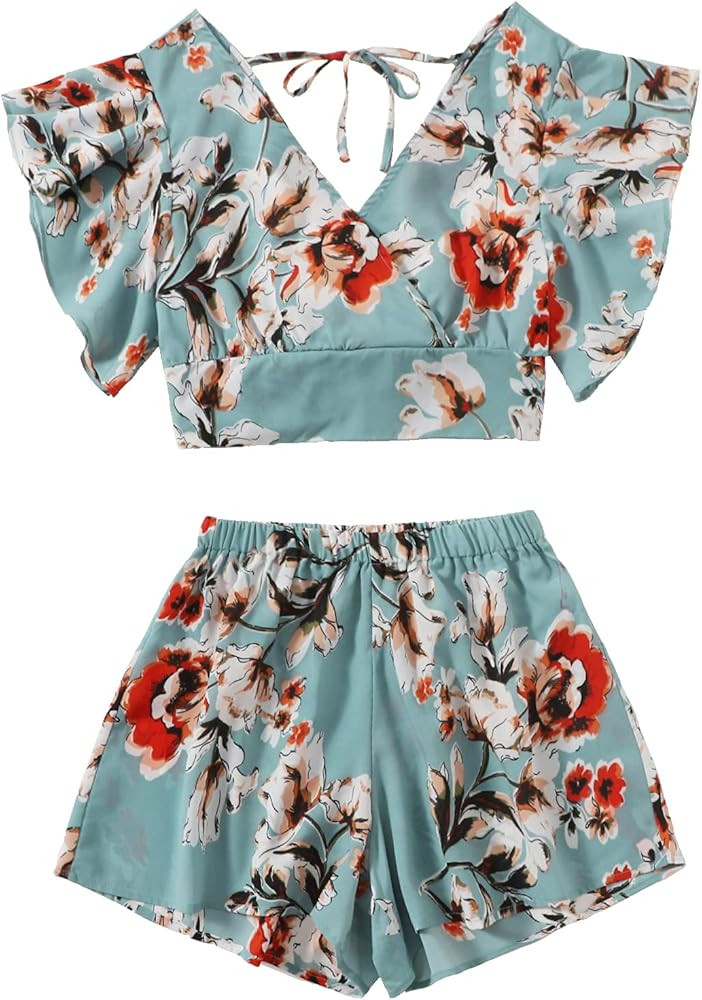 SweatyRocks Women's 2 Piece Boho Butterfly Sleeve Knot Front Crop Top with Shorts Set | Amazon (US)
