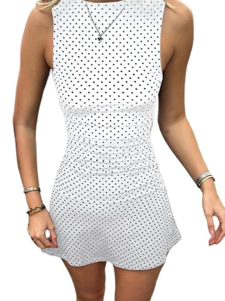 Polka Dot Mini Dress for Women Sleeveless Round Neck Bodycon Flared Hem Casual Summer Outfit 2025 | Amazon (US)