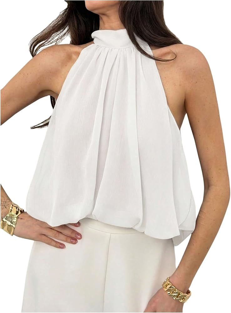 Floerns Women's Elegant Chiffon Halter Tank Top Bowknot Sleeveless Summer Vacation Going Out Part... | Amazon (US)
