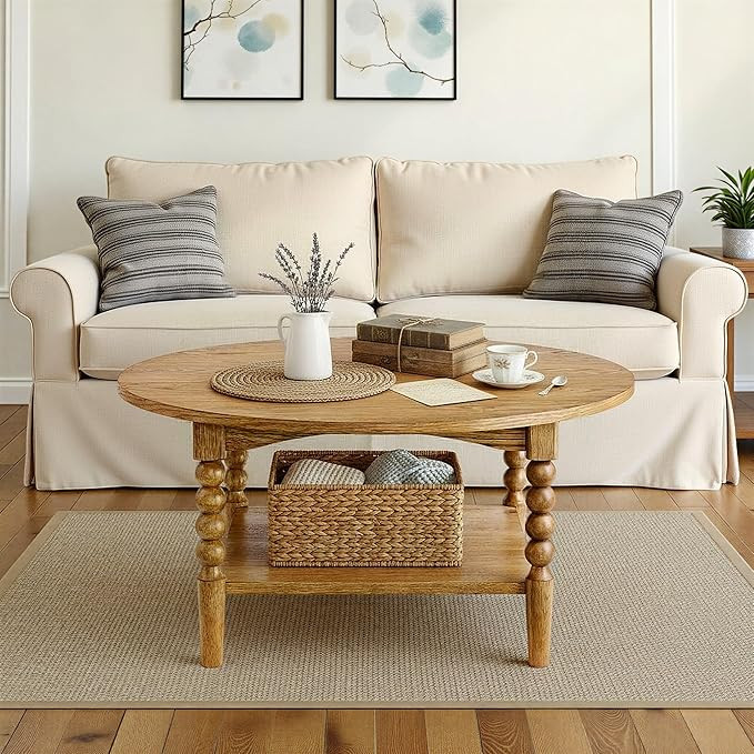 Pembroke 36” Round Cottage Coffee Table with Spindle Legs, Lower Shelf Storage & Levelers, Rust... | Amazon (US)