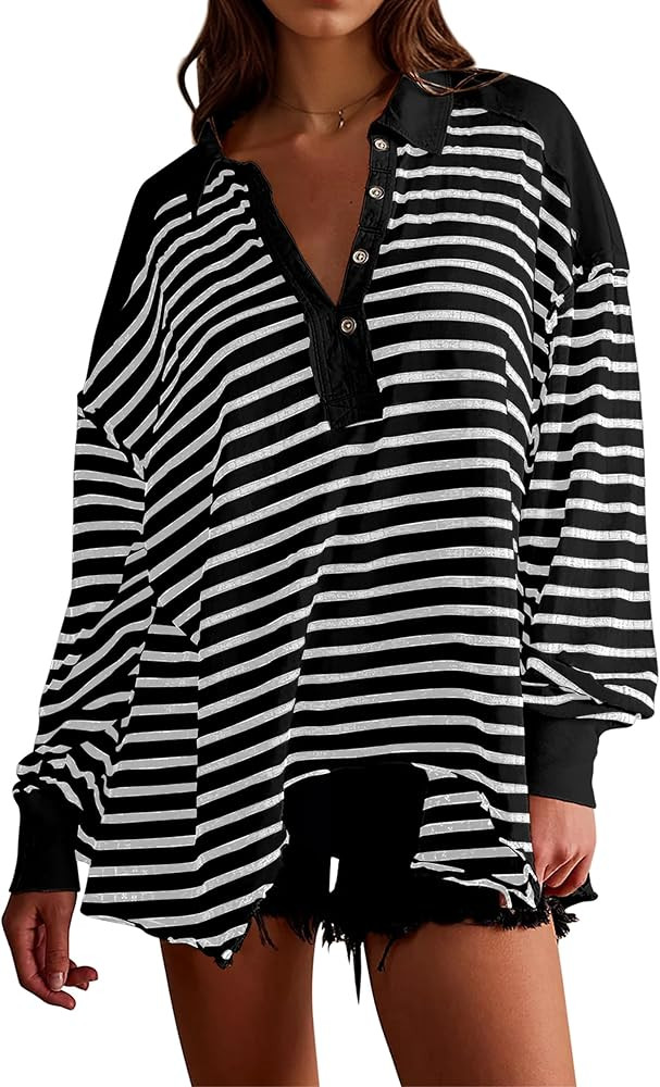 Womens Striped Oversized Polo Shirts Color Block Long Sleeve Sweatshirt Button Down Asymmetrical ... | Amazon (US)