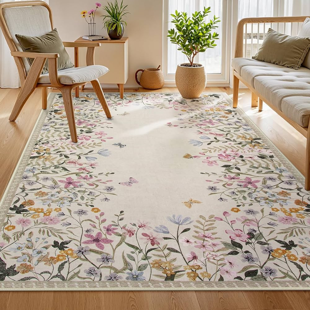 Wonnitar Washable 5x7 Rug for Living Room, Floral Print Large Bedroom Area Rug, Non-Slip Dining T... | Amazon (US)