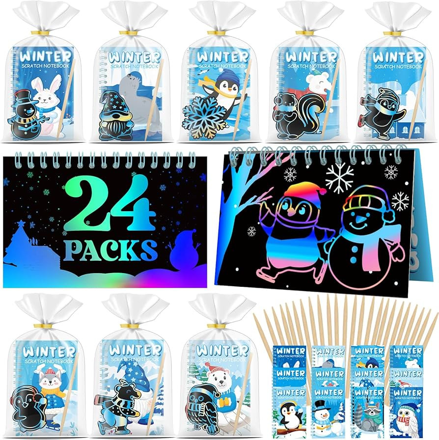24 Pack Winter Scratch Art Party Favors for Kids - Rainbow Scratch Paper Snowflake Penguin Scratc... | Amazon (US)