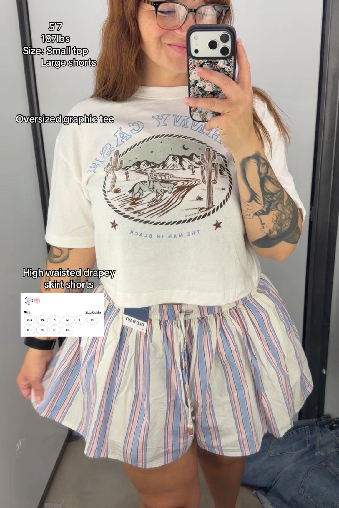 Johnny Cash oversized graphic tee matched with these striped high waist drapey skirt shorts. Size down! #oldnavy #midsize #tryon 

#LTKMidsize #LTKootd #LTKgrwm