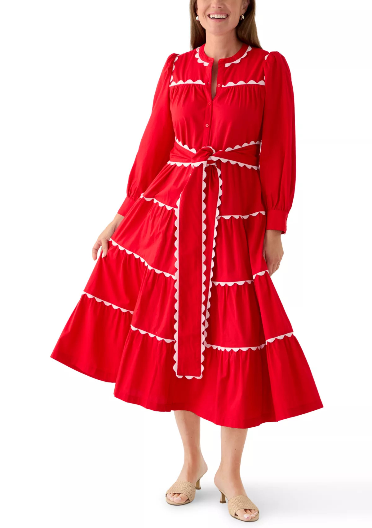 Petite Long Sleeve Scallop Trim Shirt Dress | Belk