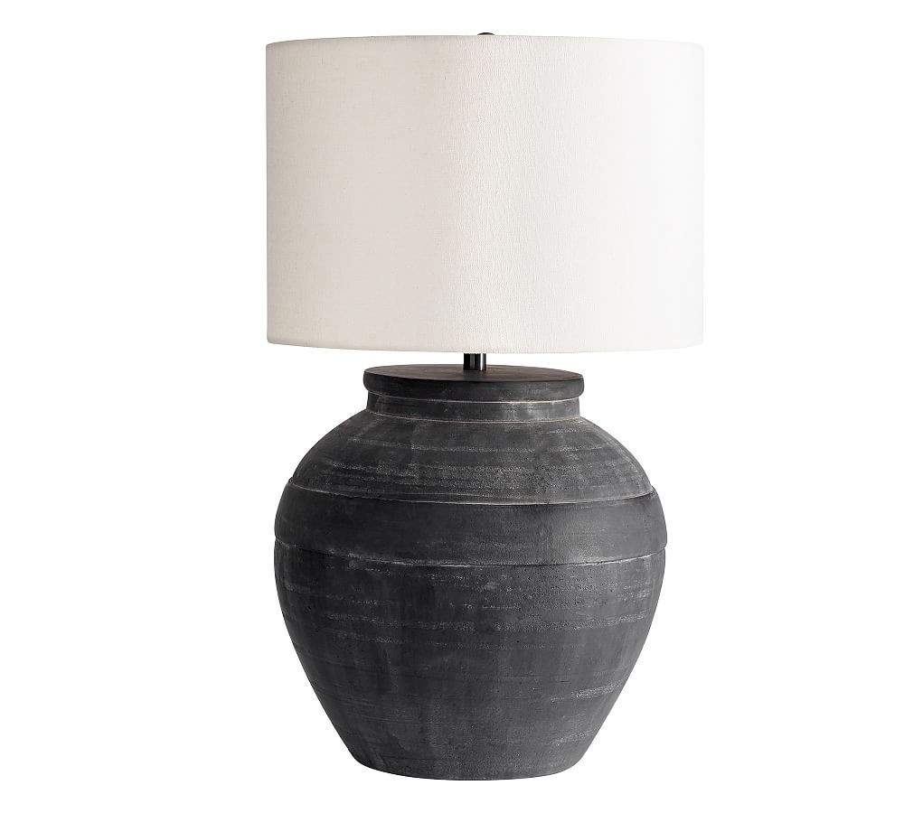 Faris Ceramic 21"" Table Lamp, Matte Black Base with Large Straight Sided Textured Gallery Shade, Iv | Pottery Barn (US)