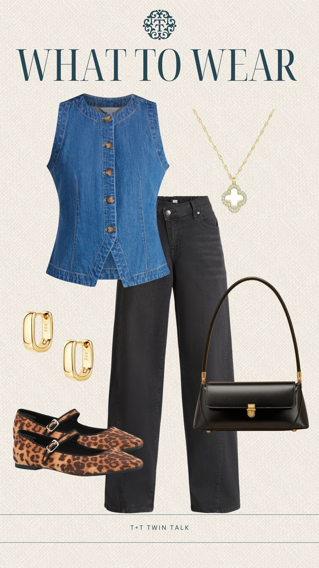 What to wear: A denim top with black jeans, styled with gold jewelry, cheetah-print Mary Jane flats, and a sleek black purse. A head-to-toe outfit from Walmart!

#LTKSeasonal #LTKFindsUnder100 #LTKOver40