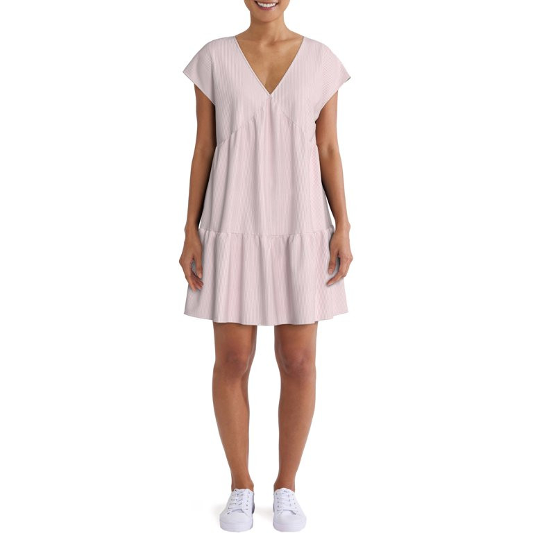 Time and Tru Women's Short Sleeve Woven V-Neck Dress | Walmart (US)
