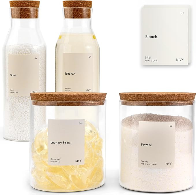 KIVY Glass Detergent Dispenser Container Set of 4 with Labels - Large Glass jars for Laundry Room... | Amazon (US)