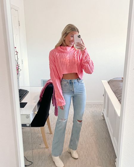 Absolutely living for this pink sweater moment 🌸🙌🏻

love this sweater because it adds a fun pop of color to my fall wardrobe staple jeans and booties. 

The Look-
sweater is currently sold out so I’ve linked similar, paired with H&M light wash denim (4) and cream leather booties (8)  
#falloutfit #booties #fallaesthetic #denimoutfit #sweater #capsulewardrobe #fall2022

#LTKSeasonal #LTKstyletip #LTKU