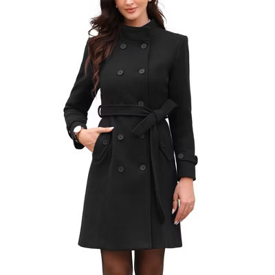 INSPIRE CHIC Women's Double Breasted Elegant Long Sleeve Winter Trench Pea Coat with Pockets Black Small | Target