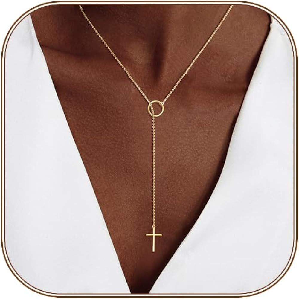 Lariat Gold Necklace for Women, Dainty Long Necklace 14k Gold Plated/Silver Y-Shaped Layered Bead... | Amazon (US)