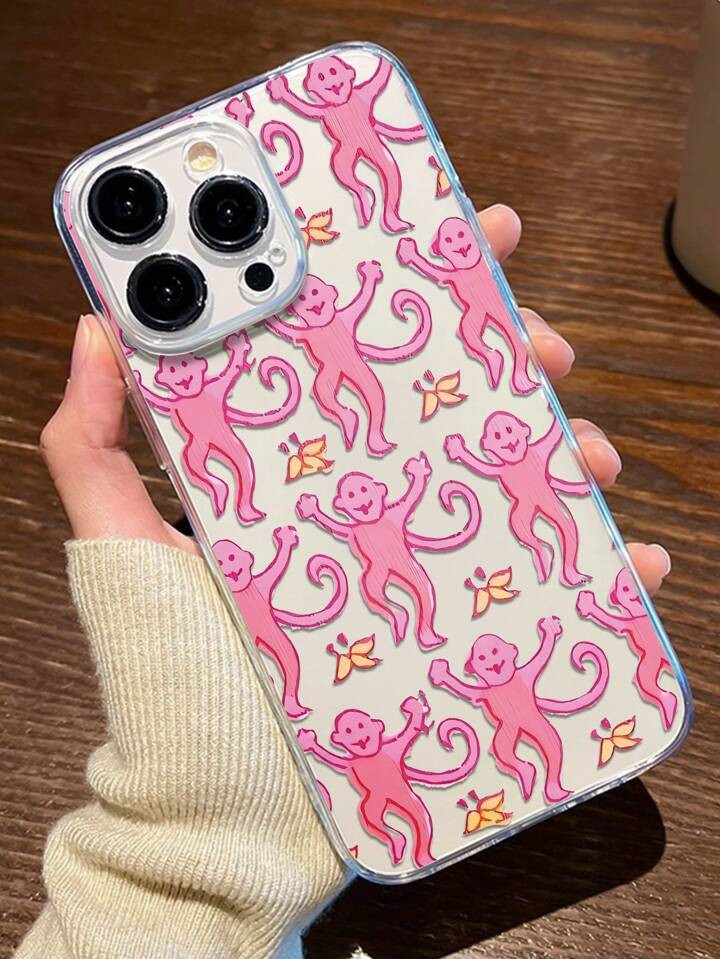 1pc Pink Monkey Graphic Transparent TPU Shockproof Anti-Fingerprint Full Cover Phone Case Compati... | SHEIN