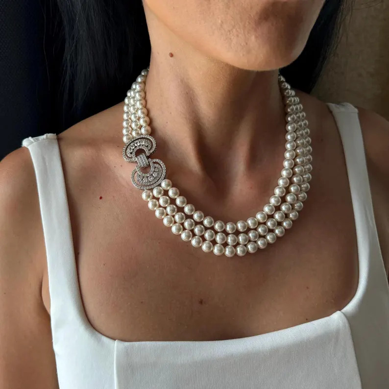 Triple Strand Pearl Necklace With Beautiful Clasp, Layered Bridal Pearl Necklace, Wedding Jewelle... | Etsy (Global)